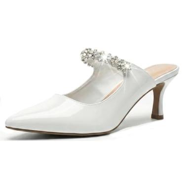 Imagem de TruFox Salto alto feminino com strass salto gatinho bico fechado vestido de casamento sem cadarço frente única bico fino, Patente branca, 38