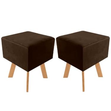 Imagem de Kit 2 Banquetas Puff Retrô em Madeira Pinus com Assento em Veludo – Puff Decorativo para Sala Quarto e Hall (Marrom)