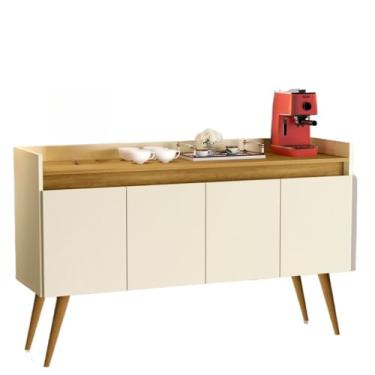 Imagem de Aparador Buffet Retrô Pés Palito Em Madeira Maciça Esplanada Cantinho Do Café Recepção(4 Off White Com Madeirado)