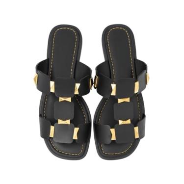 Imagem de Sandália Rasteira Feminina Spikes Dourado Confortável Chic Casual Leve RD (PRETO, BR, Adulto, Numérico, 39)