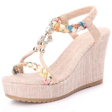 Imagem de Allegra K Sandália feminina Bohemia com salto plataforma, Dourado, 40