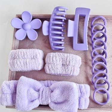 Imagem de Conjunto de 16 peças de máscaras faciais de lã coral com laço, tiaras, pulseiras e clipes de cabelo de pelúcia femininos/acessórios de cabelo de flor (Roxo)