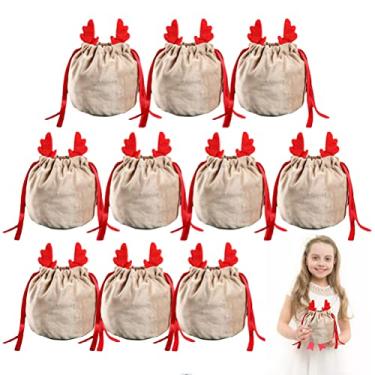 Imagem de ZJchao Saco de Cordão de Natal Sacos de Presente Antler Bolsa Decorativa de Tecido de Veludo para Lembrancinhas de Festas de Fim de Ano Decorações de árvores de Natal 13x15cm 1 Peça 10 (Red-10pcs)