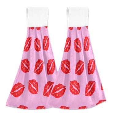 Imagem de Impressões de batom vermelho rosa dos namorados toalhas de mão penduradas personalizadas para forno de cozinha toalhas de dedo absorventes macias decorativas toalhas de cozinha conjunto de 2, 45 x 35
