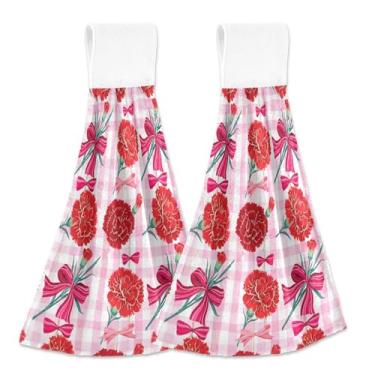 Imagem de Red Cravos florais rosa Valentine toalhas de mão personalizadas com laços para pendurar toalhas de chá de forno absorvente macio toalha de mão de cozinha conjunto decorativo de 2, 45 x 35 centímetros