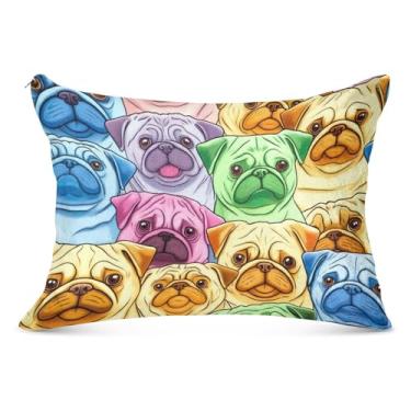 Imagem de Capas de travesseiro decorativas coloridas com estampa de pugs de flanela King Queen padrão estética macia para cama, tamanho king, 50,8 cm x 101,6 cm