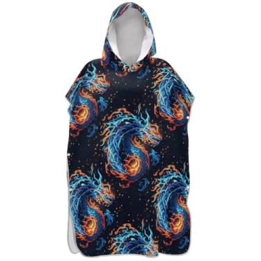 Imagem de Joisal Poncho de surfe trocador roupão adulto praia moletom toalha floral leve feminino ponchos com capuz dragão azul laranja chamas