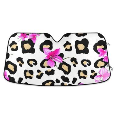 Imagem de Toldo de sol preto leopardo rosa floral branco para para-brisa de carro engraçado personalizado dobrável caminhão carro para protetor de janelas dianteiras L, 144,8 cm x 80 cm