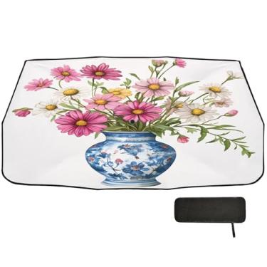 Imagem de Guarda-sol de margaridas de vaso azul para para-brisa de caminhão, cobertura completa, blackout para janela de carro, guarda-chuva de 147 x 75 cm para carro