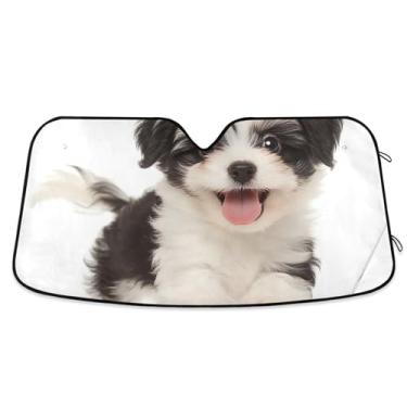 Imagem de Happy Black White Havanese Car Sun Shade Para-brisa Capa de para-brisa automotiva retrátil personalizada Protetor solar floral L, 144.8 cm x 80.0 cm