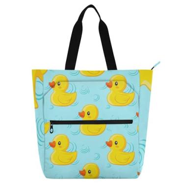 Imagem de GAIGEO Lindos sacos de trabalho de patos amarelos azul claro para mulheres, bolsa de lona, bolsa escolar universitária, bolsa feminina infantil com compartimentos