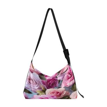 Imagem de GAIGEO Bolsa tiracolo feminina de couro com pintura preta e dourada abstrata, bolsa tiracolo de couro vegano, bolsa grande com zíper, Rosas em aquarela em azul com folhas-4, One Size