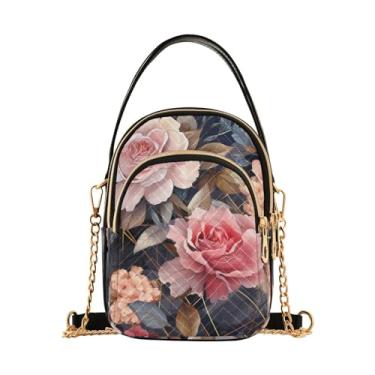 Imagem de Bolsa tiracolo feminina Purple Nebula, bolsa tiracolo pequena para mulheres na moda, bolsa transversal de outono, Floral de rosas geométrico-3, One Size
