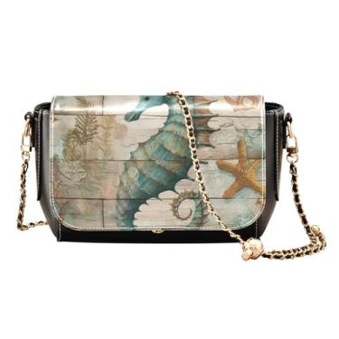 Imagem de GAIGEO Libélula em guirlanda turquesa em bolsa transversal preta com bolso, bolsas tiracolo femininas de couro, Prato vintage Sea Life Cavalo marinho, One Size