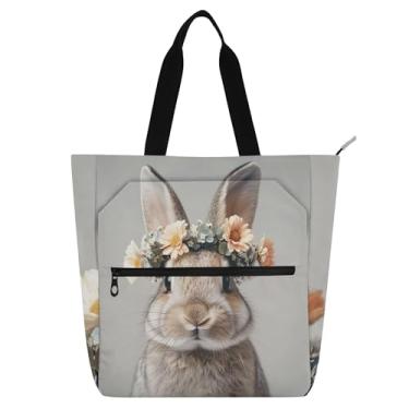 Imagem de GAIGEO Linda bolsa de trabalho de coelho com flores de coelho para mulheres, bolsa de lona para livros de praia, bolsa utilitária com zíper, bolsa infantil com compartimentos