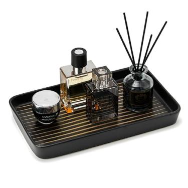 Imagem de Bandeja de banheiro preta de 25 x 15 cm x 2,5 cm para bancada - Bandeja organizadora decorativa de cerâmica para cômoda, vaso sanitário, perfume, suporte de esponja, dispensador de saboneteira para