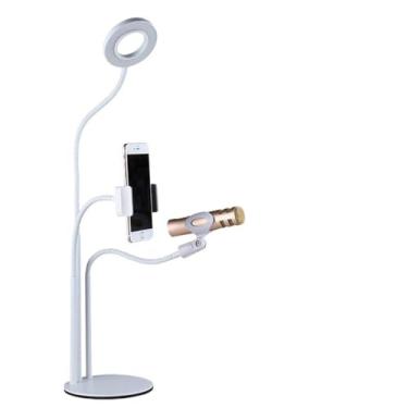 Imagem de Anel de luz de selfie para celular com suporte de microfone para iPhone para transmissão ao vivo e maquiagem, luz LED para câmera de mesa [brilho de 10 níveis] com braço longo flexível para Android