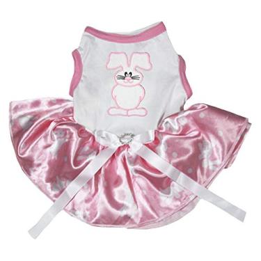 Imagem de Petitebella Lindo vestido de algodão com tutu para cachorro (branco/rosa com bolinhas de coelho, grande)