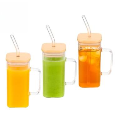 Imagem de Kit Premium 1/2/3/4 Copos Canecas de Vidro 370ml com Tampa Bambu e Canudo – Para Sucos e Drinks(3 Unidades)