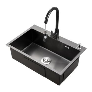 Imagem de Pia de cozinha preta grande de tigela única, pia de aço inoxidável, pia de cozinha, pia de cozinha suspensa, pia de bar, pia de estação de trabalho de fazenda, torneira removível (65 * 45 cm)