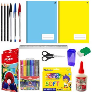 Imagem de Kit Material Escolar Infantil Papelaria Caderno Caneta Lápis - Famix