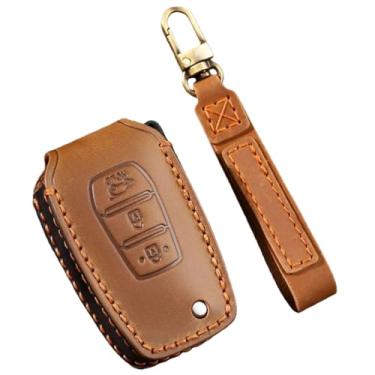 Imagem de Capa protetora de capa de chave de carro inteligente de couro feita à mão compatível com Ssangyong Tivoli/Rexton/Korando C 2015 2016 3 botões chave fob shell(Brown Key B(Trunk))