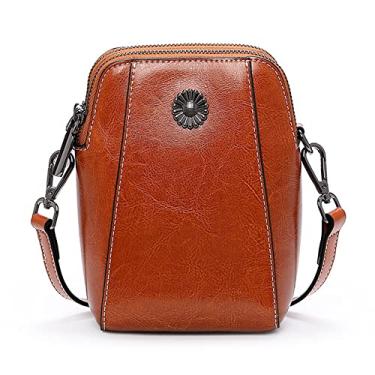 Imagem de Yohora Bolsa feminina de ombro de couro legítimo, bolsa transversal pequena para celular, Marrom, Small