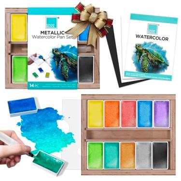 Imagem de COLOUR BLOCK Conjunto de tinta aquarela metálica de 14 peças, 10 cores metálicas completas, tintas brilhantes, caneta pincel de água, paleta, papel e caixa de madeira portátil — Qualidade profissional