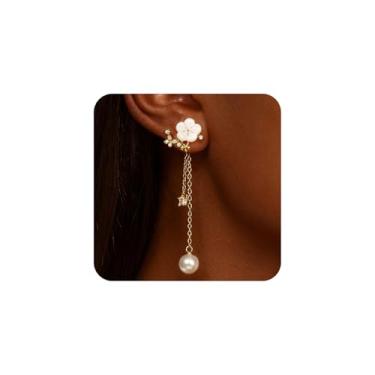 Imagem de Shengkeao Brincos de pérola para mulheres – Brincos de pérola banhados a ouro 14K delicados brincos de pérolas redondas brincos pendentes de casamento brincos de noiva para presentes femininos, one