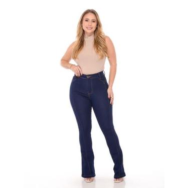 Imagem de Calça flare jeans feminina escura com pinça amaciada de qualidade prem