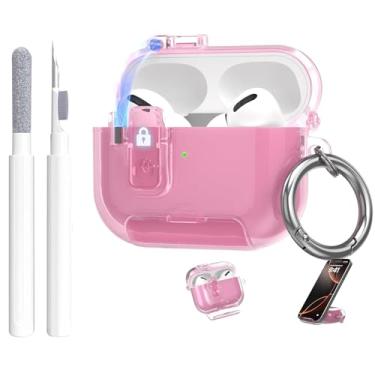 Imagem de Capa transparente para Apple AirPods 2 com trava de segurança, capa de TPU macio com suporte de telefone e kit de limpeza, chaveiro fofo para mulheres e meninas, rosa claro