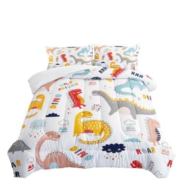 Imagem de Jogo de cama infantil com desenho animado de dinossauro, 3 peças, desenho kawaii, estampa de dinossauro, com 1 edredom e 2 fronhas (queen de dinossauro fofo)