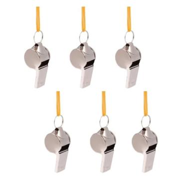Imagem de Pacote com 6 apitos de metal com cordões: Tom nítido para uso esportivo e seguro – Design de treinador, opções de aço inoxidável de grau adulto ideais para treinadores, instrutores, árbitros e