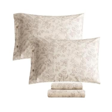 Imagem de FADFAY Conjunto de lençóis de algodão percal tamanho casal – 4 peças de roupa de cama floral botânica vintage, macio e respirável, lençol com elástico alto, estilo country francês