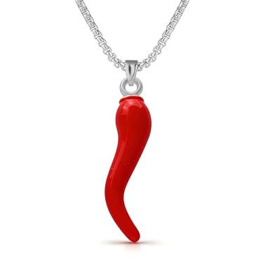 Imagem de Dreuyet Colar de chifre italiano para mulheres e homens, delicado banhado a ouro 14K, cornicello, pimenta, amuleto, pingente, boa sorte, joia de proteção talismã, Middle, Aço inoxidável, Sem Pedra