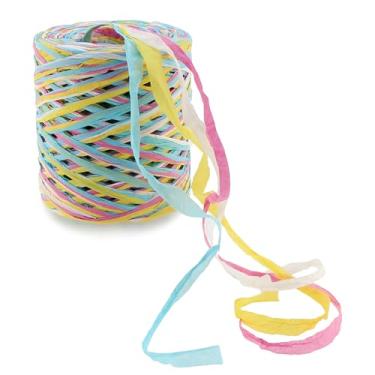 Imagem de SHRJ Fita de papel de ráfia 900 metros colorido fosco embalagem fita de barbante de cor mista fio natural de ráfia para embrulho de presente de Natal (4 cores azul branco rosa amarelo)