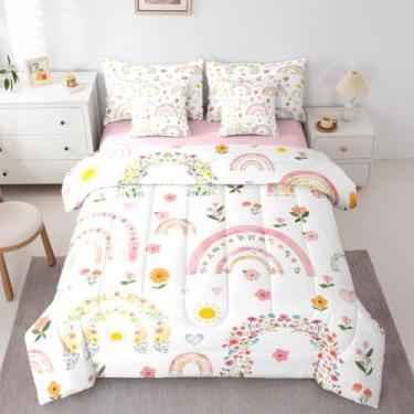 Imagem de Erosebridal Conjunto de edredom solteiro floral boêmio, 7 peças, fofo, arco-íris, floral, cama em uma bolsa, tema retrô dos anos 60 anos 70 com edredom, lençóis, fronhas, estilo pastoral, decoração de