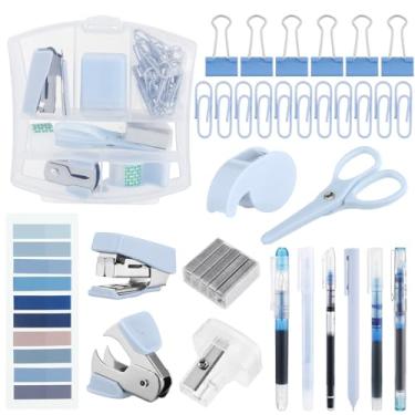 Imagem de Colarr Mini kit de material de escritório inclui dispensador de fita grampeadora removedor de grampos, clipes de papel, tesoura, grampos, apontador de caneta, nota pequena faca telescópica para escritório e estudante escolar (azul)