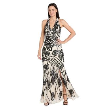 Imagem de R&M Richards Vestido de noite feminino frente única - vestido maxi formal com contas com saia e fenda estilo Godet esvoaçante - coquetel, Bege/preto, 38