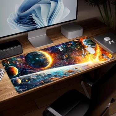 Imagem de Tapete de mesa de couro planeta, mouse pad de arte colorida grande teclado de computador para jogos mousepad à prova d'água protetor e capa de mesa, tapete de mouse decorativo de couro PU para laptop