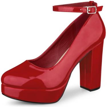 Imagem de Allegra K Sapato Mary Janes feminino plataforma tira no tornozelo salto grosso, Vermelho, 36
