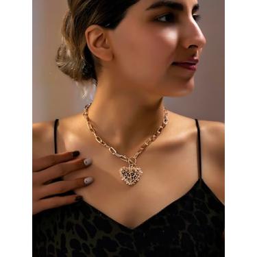 Imagem de Colar com pingente feminino, corrente em forma de coração, com fivela OT, adequado para uso diário e dia dos namorados, estampa de leopardo
