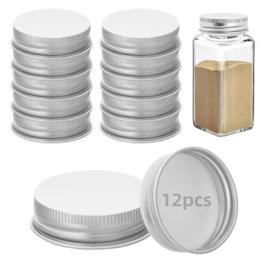 Imagem de 12 tampas de pote de ferro para potes quadrados de 113 g e 170 g reutilizáveis latas herméticas de armazenamento de especiarias para cozinha de vedação agradável (prata)