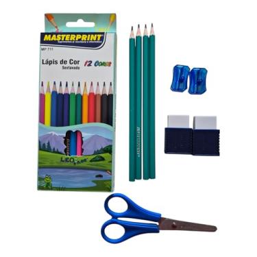 Imagem de MASTERPRINT Kit Material Escolar Básico, Lápis de Cor 12 Cores, Tesoura, Apontadores, Borrachas, Lápis de Escrever