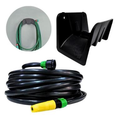 Imagem de Mangueira Preta 20m Resistente + Suporte Parede Plástico Reforçado - U