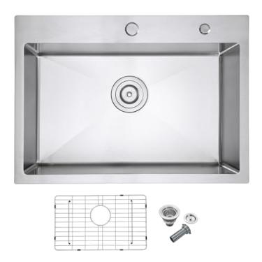 Imagem de MENATT Pia de cozinha de 76 x 45 cm, tigela única de aço inoxidável 304 com orifícios duplos para torneira e tapete de grade inferior, ralo em forma de X, pia grande de 23 cm de profundidade para