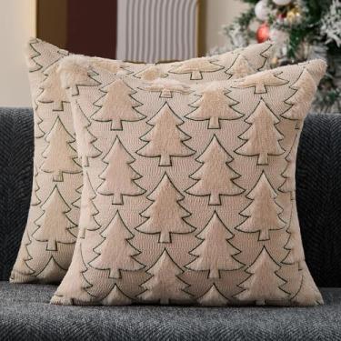 Imagem de Allorry Conjunto de 2 capas de almofada de Natal para decoração de árvore de Natal bege 45,7 x 45,7 cm, capas de almofada de pelúcia macia, para decoração de Natal, inverno, férias, casa, quarto, sofá