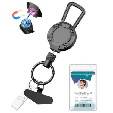 Imagem de Chaveiro retrátil magnético resistente, carretel de crachá de carga máxima Azrra de 510 g para porta-cartões de identificação e chaves, cordão retrátil para telefone com cabo de aço de 62 cm, preto