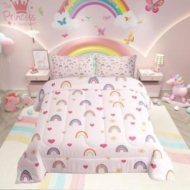 Imagem de Erosebridal Conjunto de edredom solteiro com desenho animado arco-íris, para crianças, meninos, meninas, sol e estrelas, enchimento de edredom desenhado à mão, corações rosa para todas as estações