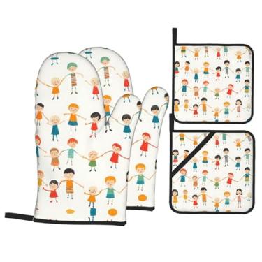 Imagem de Friends Dancing Happily Conjunto de luvas de forno estampadas, conjunto de 4 peças adequado para grelhar, cozinhar e assar